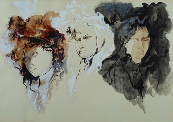Franco Murer : Tre volti di donna  (1984)  - Tecnica mista su carta - Asta Arte Moderna e Contemporanea - Galleria Pananti Casa d'Aste