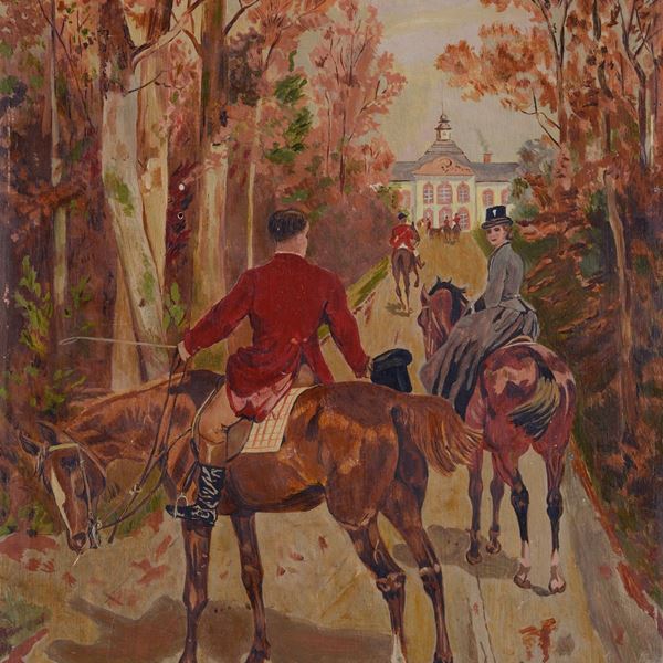 Anonimo, XIX sec. : La passeggiata  - Olio su compensato - Asta AUTORI DEL XIX E XX SEC - Galleria Pananti Casa d'Aste