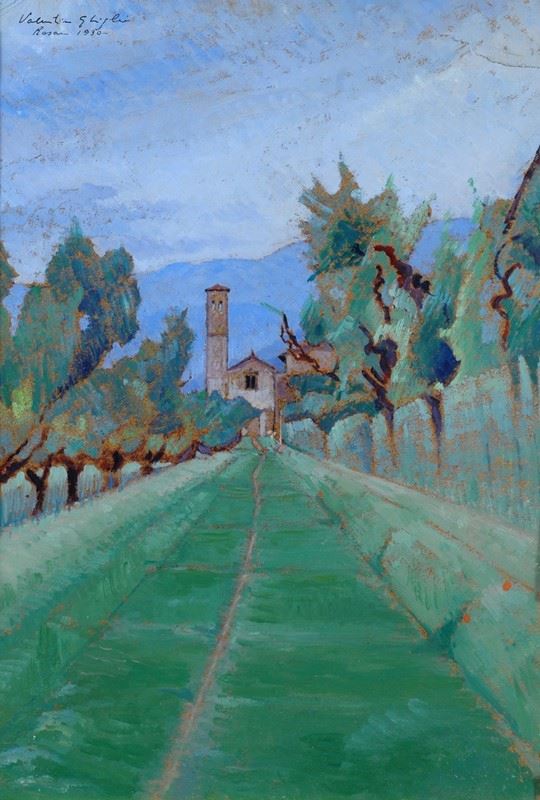 Valentino Ghiglia : Street in Rosano  (1930)  - Oil on cardboard - Auction AUTHORS  [..]