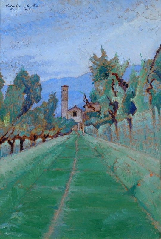 Valentino Ghiglia : Strada a Rosano  (1930)  - Olio su cartone - Asta AUTORI DEL XIX E XX SEC - Galleria Pananti Casa d'Aste