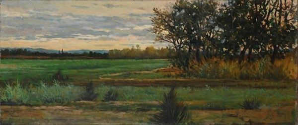 Francesco Gioli : Paesaggio all'alba  - Olio su tavola - Auction Autori del XIX e XX sec. - III - Galleria Pananti Casa d'Aste