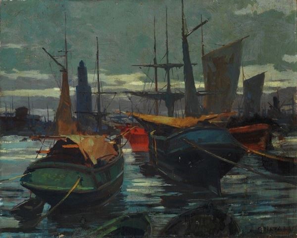 Renato Natali : Barche in porto  ((1930))  - Olio su compensato - Asta Autori del XIX e XX sec. - III - Galleria Pananti Casa d'Aste