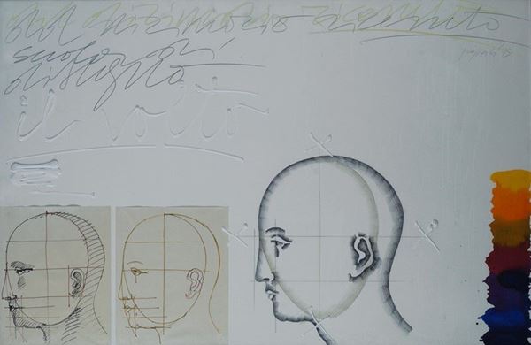 Concetto Pozzati : Il volto  (1973)  - Tecnica mista su carta - Asta Arte Moderna e Contemporanea - Galleria Pananti Casa d'Aste