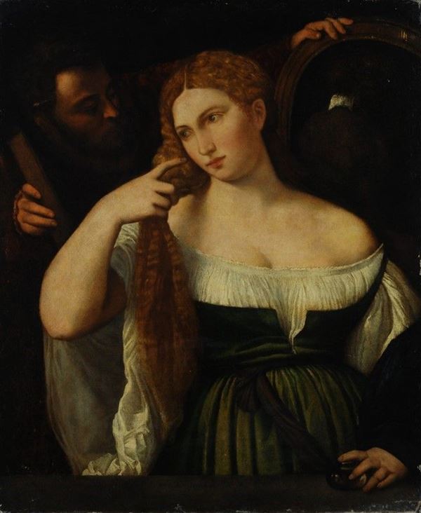 Anonimo, XVII sec. : Donna con specchio (da Tiziano)  - Olio su tela - Asta Antiquariato, Gioielli - I - Galleria Pananti Casa d'Aste