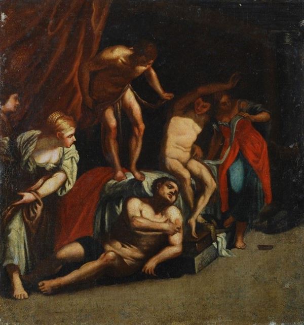 Scuola Lombarda,  XVII sec. : La cura degli appestati  - Olio su tela - Auction Antiquariato, Gioielli - I - Galleria Pananti Casa d'Aste