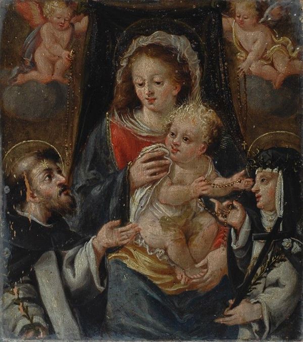 Scuola Emiliana, seconda met&#224; XVI sec. - Madonna col Bambino, San Domenico e Santa Caterina