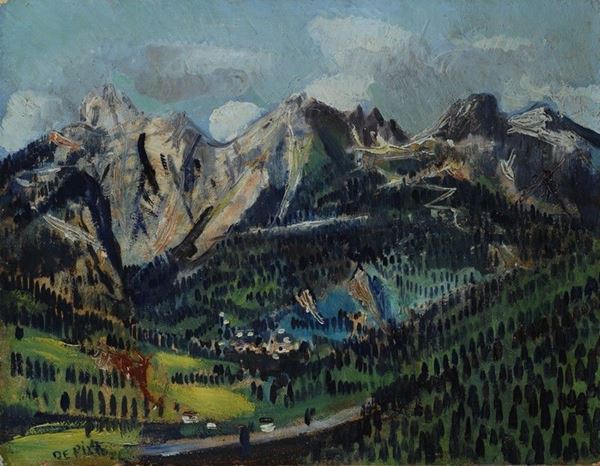 Filippo de Pisis : Paesaggio (Cortina)  ((1926))  - Olio su tela - Asta Arte moderna e contemporanea - III - Galleria Pananti Casa d'Aste