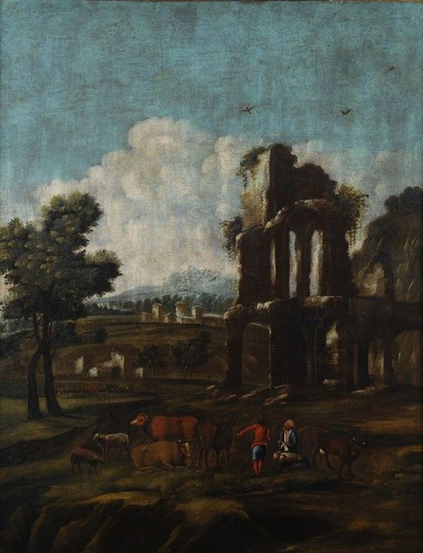 Scuola Italia Centrale, XVII sec. - Paesaggio con rovine e figura