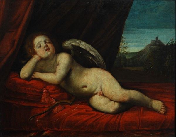 Scuola Emiliana, fine XVII sec. : Amorino dormiente  - Olio tela - Auction Antiquariato - I - Galleria Pananti Casa d'Aste