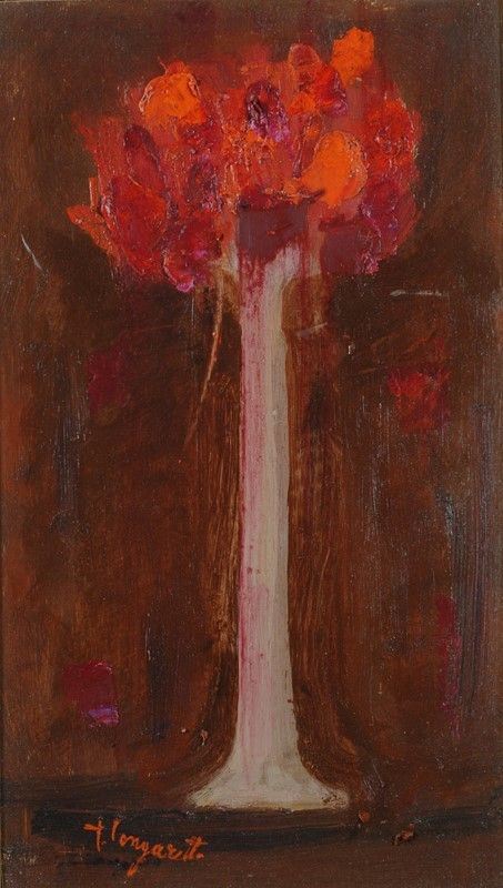 Trento Longaretti - Vasetto con Fiori Rossi su Fondo Rosso Scuro