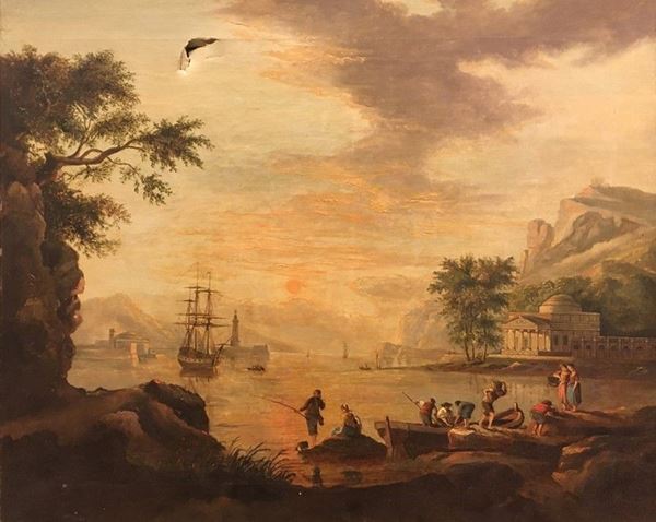 Anonimo, XIX sec.,Anonimo, XIX - XX sec. - Veduta di porto con figure