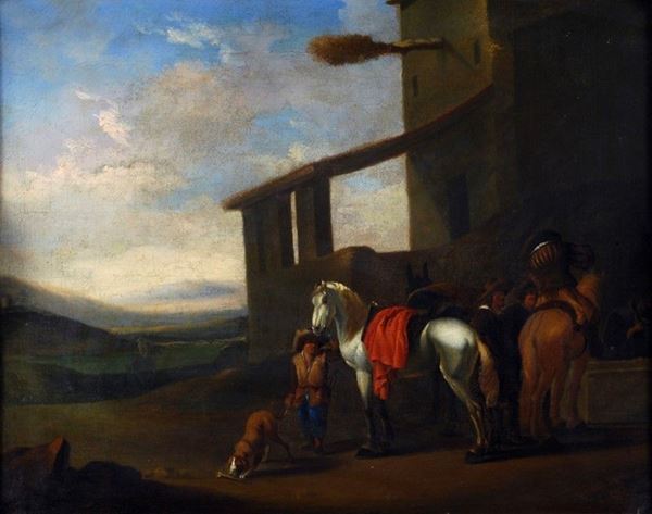 Scuola Romana, XVII sec. : La sosta  - Olio su tela - Asta Antiquariato, Gioielli - I - Galleria Pananti Casa d'Aste