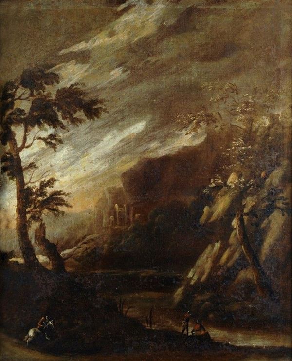 Anonimo, XVII sec. : Paesaggio  - Olio su tela - Asta Antiquariato, Gioielli - I - Galleria Pananti Casa d'Aste