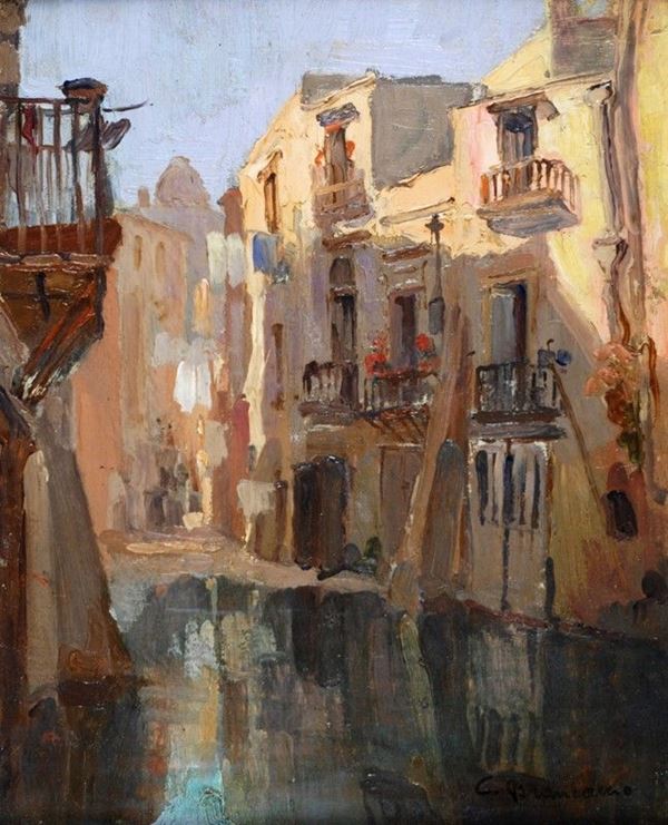Carlo Brancaccio : Caseggiati sul canale  - Olio su cartone - Auction Autori del XIX e XX sec. - II - Galleria Pananti Casa d'Aste