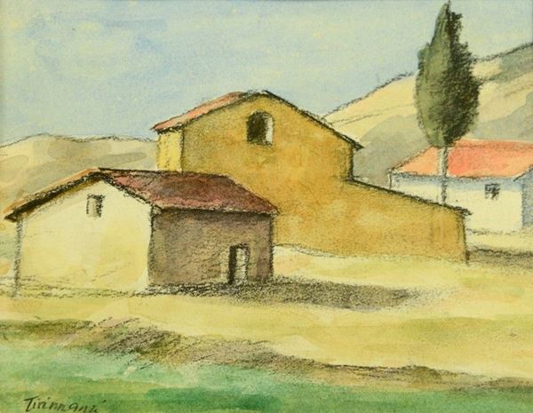 Nino Tirinnanzi : Casolari  - Matita e acquerello su carta - Asta AUTORI DEL XIX E XX SEC, ARTE MODERNA E CONTEMPORANEA - Galleria Pananti Casa d'Aste