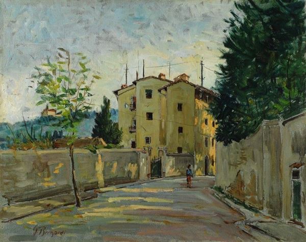 G. Bernardi : Strada di paese  - Olio su cartone telato - Asta AUTORI DEL XIX E XX SEC - Galleria Pananti Casa d'Aste