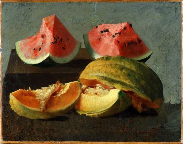 Anonimo, XIX sec. : Natura morta con anguria e popone  - Olio su tela - Auction Autori del XIX e XX sec. - III - Galleria Pananti Casa d'Aste