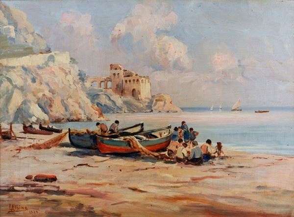 Luca Albino : Pescatori sulla spiaggia  (1929)  - Olio su compensato - Auction Autori del XIX e XX sec. - III - Galleria Pananti Casa d'Aste