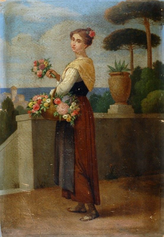 Anonimo, XIX sec. : Donna con cesto di fiori  - Olio su cartone - Asta Autori del XIX e XX sec. - III - Galleria Pananti Casa d'Aste