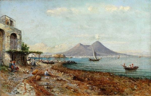 Anonimo, XIX sec. : Veduta sul Golfo di Napoli  (1877)  - Olio su tela - Asta Autori del XIX e XX sec. - III - Galleria Pananti Casa d'Aste