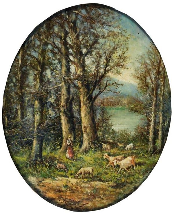 Giovanni (John) Califano - Paesaggio con pastorella e greggie