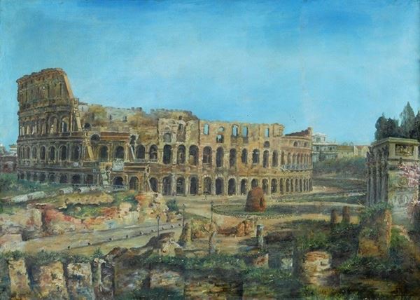 Scuola Romana, XIX - XX sec. - Veduta del Colosseo e dei Fori