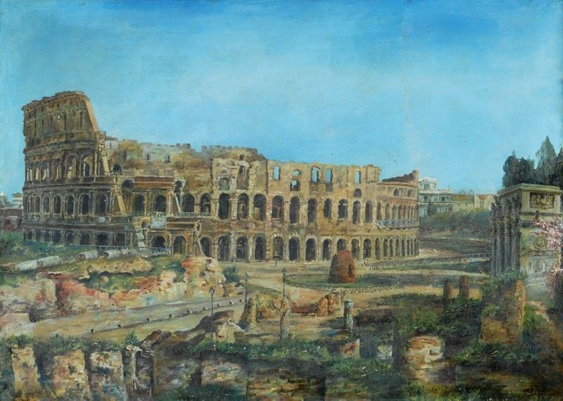 Scuola Romana, XIX - XX Sec. - Veduta del Colosseo e dei Fori