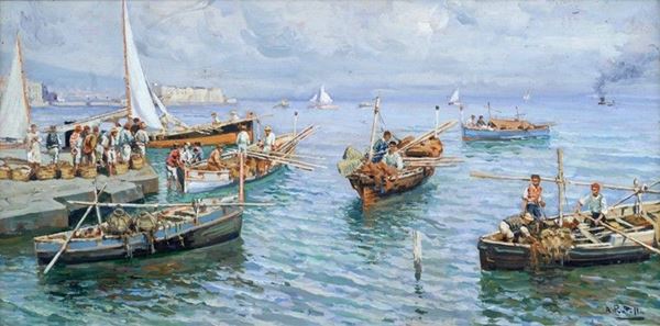 Attilio Pratella - Barche con pescatori a Mergellina