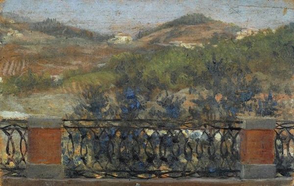Anonimo, XX sec. : Paesaggio dalla terrazza  - Olio su tavola - Asta Arte Moderna e Contemporanea - II - Galleria Pananti Casa d'Aste