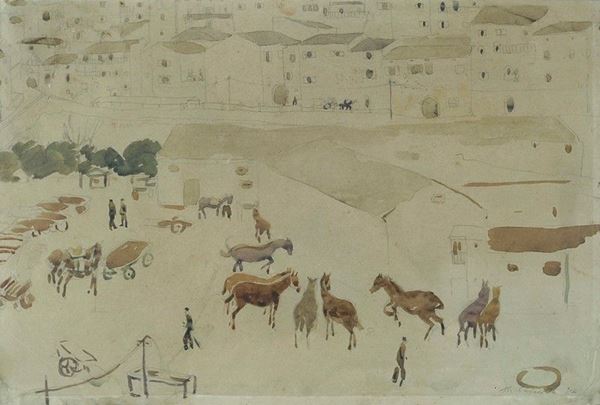 Michele Cascella - Paesaggio con soldati e cavalli