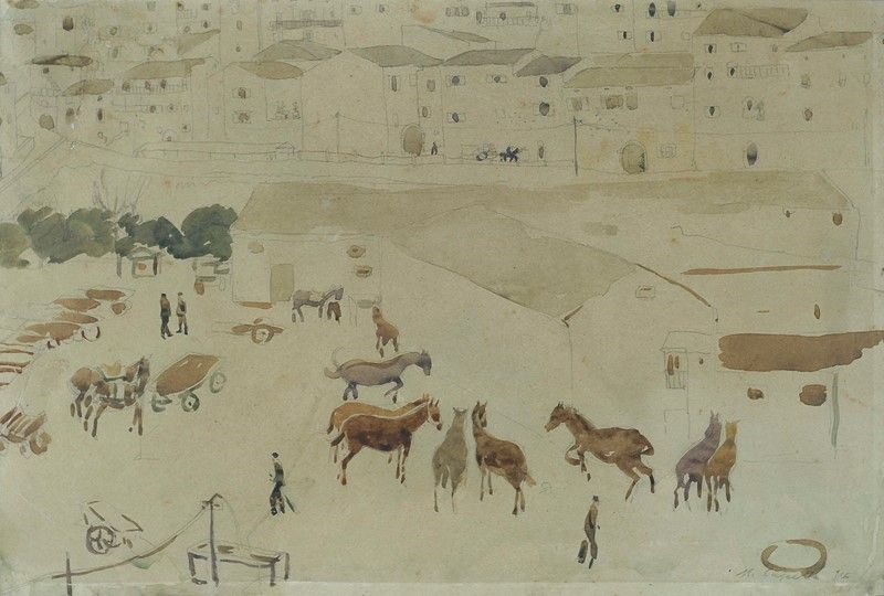 Michele Cascella - Paesaggio con Soldati e Cavalli
