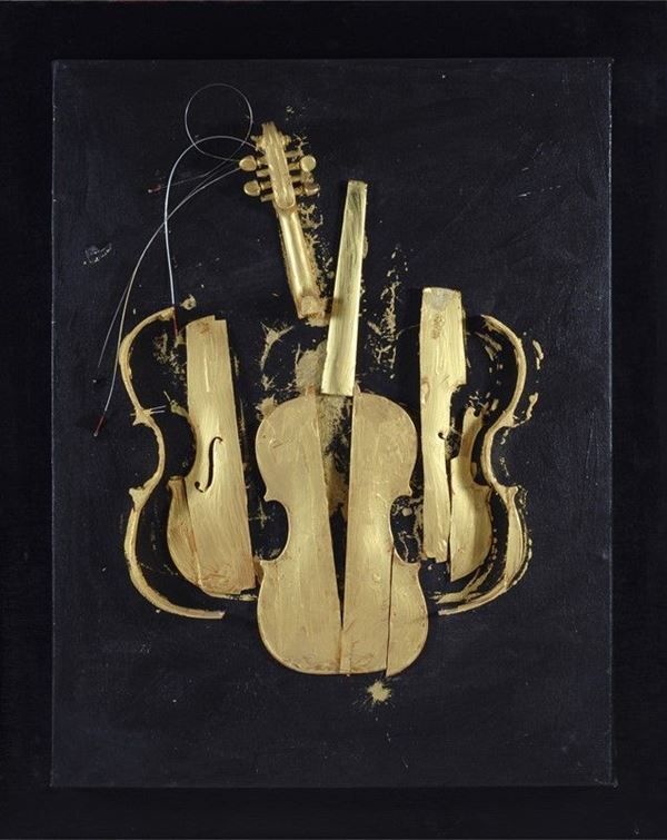 Fernandez Arman : Senza titolo  (2004)  - Violino tagliato e montato su tela riportato su tavola - Asta Arte moderna e contemporanea - III - Galleria Pananti Casa d'Aste