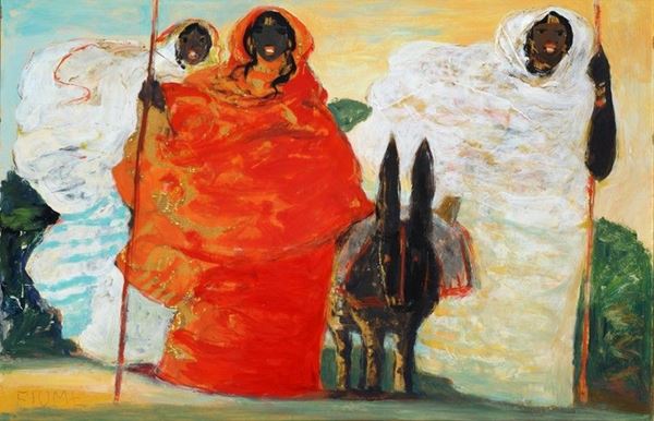 Salvatore Fiume : Donne somale  - Olio su stoffa riportata su faesite - Asta Arte moderna e contemporanea - III - Galleria Pananti Casa d'Aste