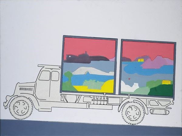 Renato Mambor : Veicoli culturali, due paesaggi trasportati  (2005)  - Olio e smalto su tela tamburata - Asta Arte moderna e contemporanea - III - Galleria Pananti Casa d'Aste