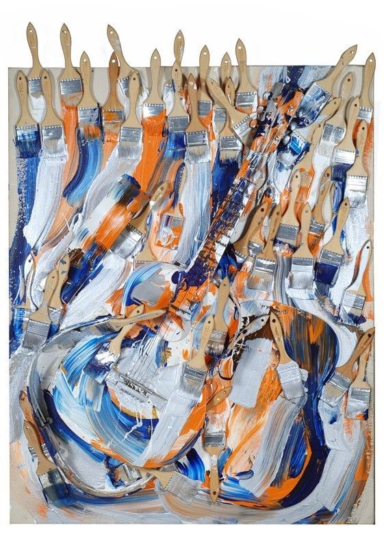 Fernandez Arman : Senza titolo  (1991)  - Chitarra tagliata e pennelli su tela con pittura acrilica - Asta Arte moderna e contemporanea - III - Galleria Pananti Casa d'Aste