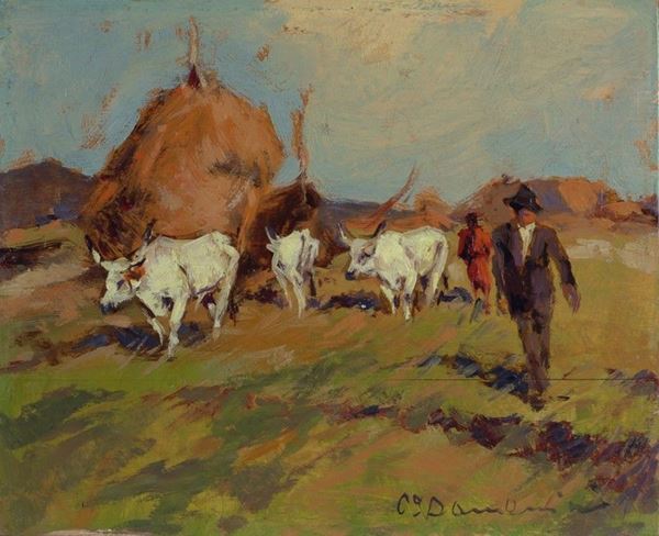 Carlo Domenici - Paesaggio con buoi e pagliaio