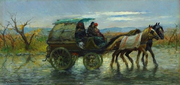 Gino Danti : Carovana  - Olio su compensato - Asta AUTORI DEL XIX E XX SEC - Galleria Pananti Casa d'Aste