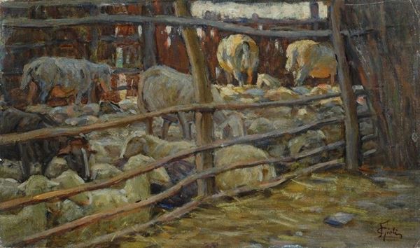 Francesco Gioli : Pecore all'ovile  - Olio su cartone - Auction Autori del XIX e XX sec. - II - Galleria Pananti Casa d'Aste