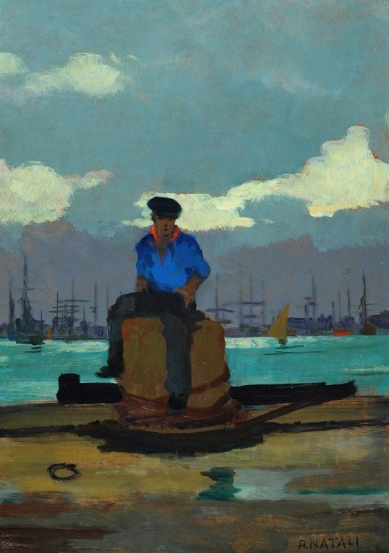 Renato Natali : Marinai al porto  ((1960))  - Olio su faesite - Auction Autori del XIX e XX sec. - II - Galleria Pananti Casa d'Aste