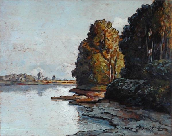 Gino Romiti : Paesaggio fluviale   (1937)  - Olio su compensato - Asta Autori del XIX e XX sec. - II - Galleria Pananti Casa d'Aste