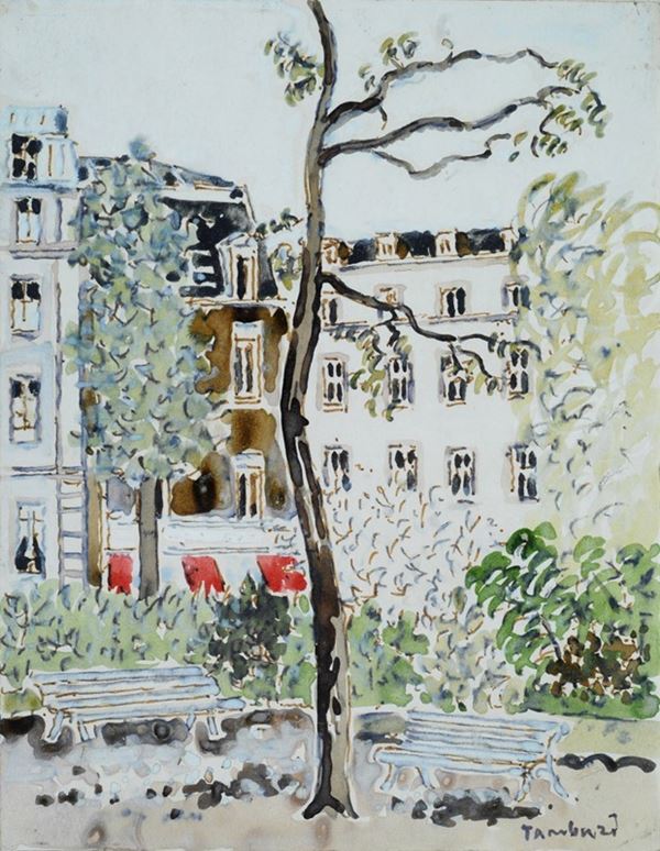 Orfeo Tamburi : Piazza di Parigi  - Acquerello su cartoncino - Asta ARTE MODERNA - Galleria Pananti Casa d'Aste