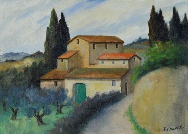 Nino Tirinnanzi : Casa colonica  - Olio su cartone telato - Auction Arte moderna e contemporanea - III - Galleria Pananti Casa d'Aste