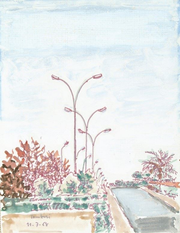 Orfeo Tamburi : Strada, 1968  - Acquarello su carta riportata su tela - Asta Arte Moderna e Contemporanea - III - Galleria Pananti Casa d'Aste