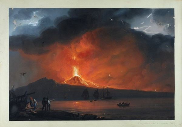 Anonimo, XIX sec. : Vesuvio  - Tempera su carta - Asta Autori del XIX e XX sec. - II - Galleria Pananti Casa d'Aste