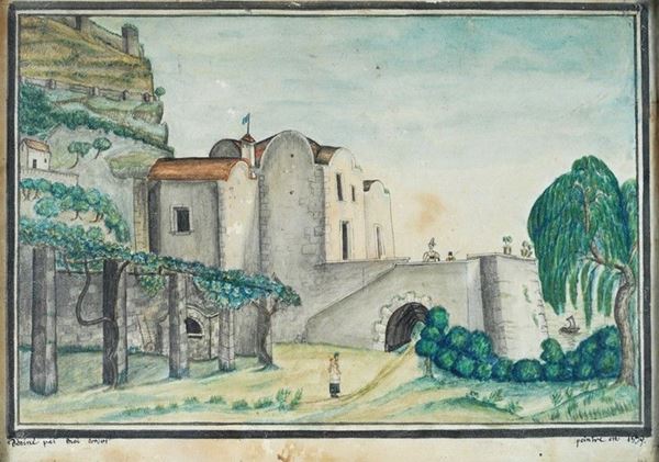 Anonimo, XIX sec. : Paesaggio con edificio  (1859)  - Acquerello su carta - Asta Antiquariato - I - Galleria Pananti Casa d'Aste