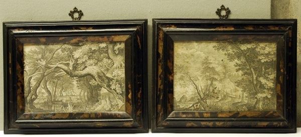 Coppia di cornici in legno dipinto a finta tartaruga con stampe raffiguranti paesaggi cm. 30x37  - Asta HOUSE SALE - Galleria Pananti Casa d'Aste