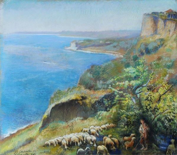 Tommaso Cascella : Veduta costiera con pastore e gregge  (1923)  - Pastelli su cartone - Auction ASTA FUORI ASTA - Galleria Pananti Casa d'Aste