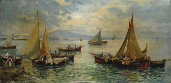 Fausto Pratella : Barche di pescatori  - Olio su tela - Asta Autori del XIX e XX sec. - II - Galleria Pananti Casa d'Aste