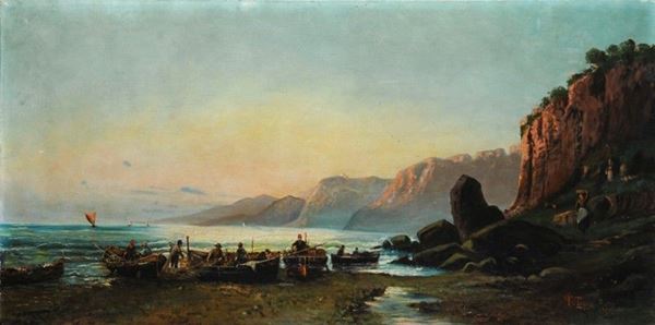 Francesco Saverio Torcia - Paesaggio costiero con pescatori