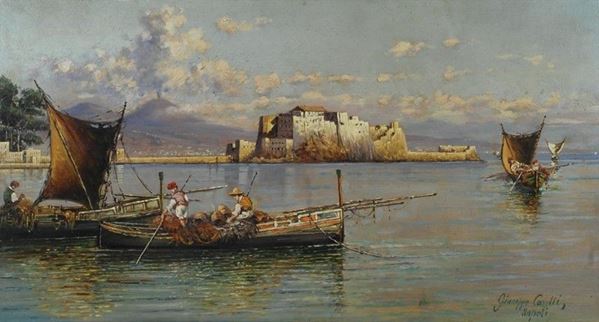 Giuseppe Carelli : Napoli, pescatori a Castel dell'ovo  - Olio su tavola - Asta Autori del XIX e XX sec. - II - Galleria Pananti Casa d'Aste